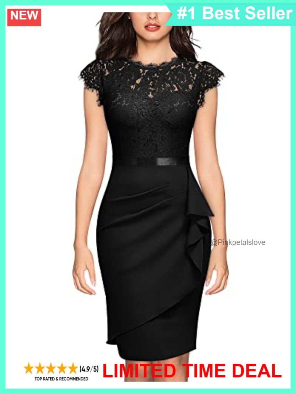 Lace Cap Sleeve Ruffle Sheath Cocktail Dress Satin Waist Sash